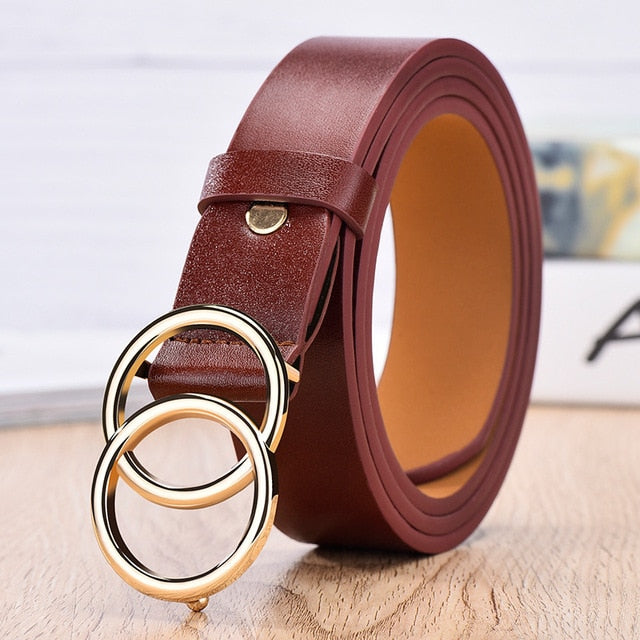 2020 New Designer's Famous Brand Leatherhigh Quality Belt Fashion Alloy Double Ring Circle Buckle Girl Jeans Dress Wild Belts