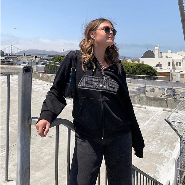 Dulzura Rhinestone Letter Print Women Long Sleeve Sweatshirt Hoodis Zipper Loose Oversized Streetwear Casual 2020 Autumn Winter